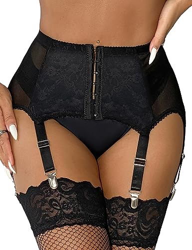 ohyeahlady Strapsgürtel Damen mit 6 Halter Sexy Spitze Wetlook Strapsen Dessous Set Strapshalter mit Metallclips Strumpfband Strumpfhalter Große Größen Strumpfgürtel Schwarz,M-L