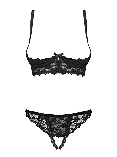 Selente Love & Fun verführerisches 3-teiliges Damen Unterwäsche-Set aus BH, Slip & exklusiver Satin-Augenbinde, Made in EU (L-XL, Schwarz-Ouvert)