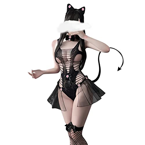 Sexy Katze Cosplay Dessous Kleid Set One Piece Hallow Out Kawaii Anime Kätzchen Kostüm Niedliche Dienstmädchen Outfit Japanische Lolita Unterwäsche Jumpsuit für Date Nächte besondere Nächte