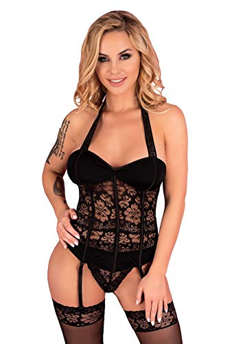 Strapshemd Straps-Corsage mit Blumenmotiv-Spitze Bustier String in schwarz von LivCo Corsetti Dessous (L/XL)